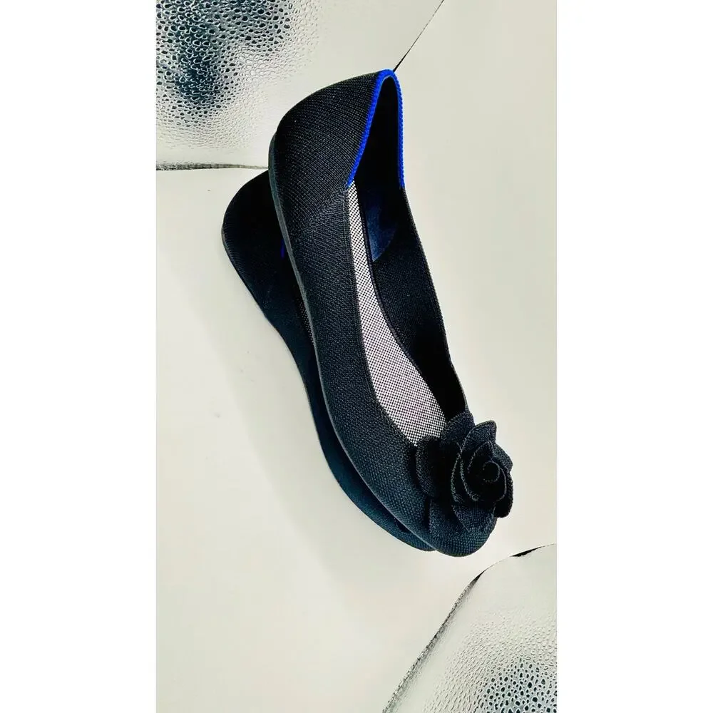 Rothy’s The Petal Square 3D rosette Black ballerina flats slippers shoes sz 12